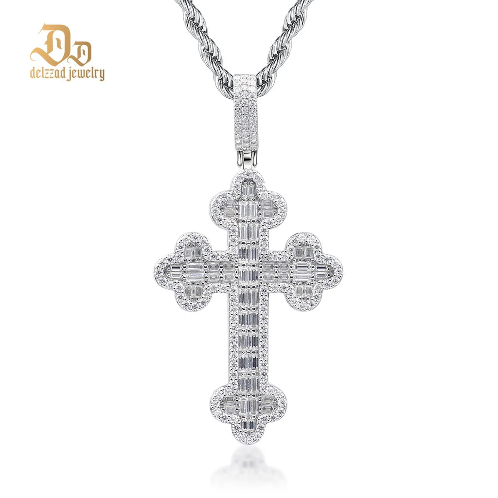 Delzzad 100% S925 Sterling Silver Moissanite Plant Petal Cross Pendant Unisex Shiny High-end Luxury Jewelry Anniversary Party