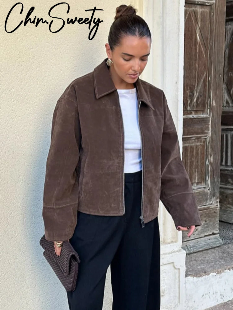 Premium Brown Loose Fit Suede Street Outwear Jacket