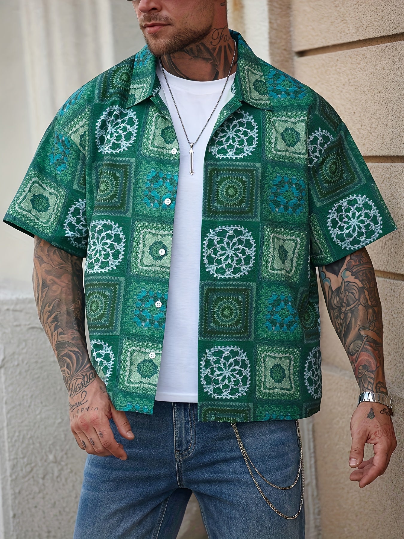 Men'S Vintage Floral Print Short Sleeve Shirt - Green & White Geometric Pattern