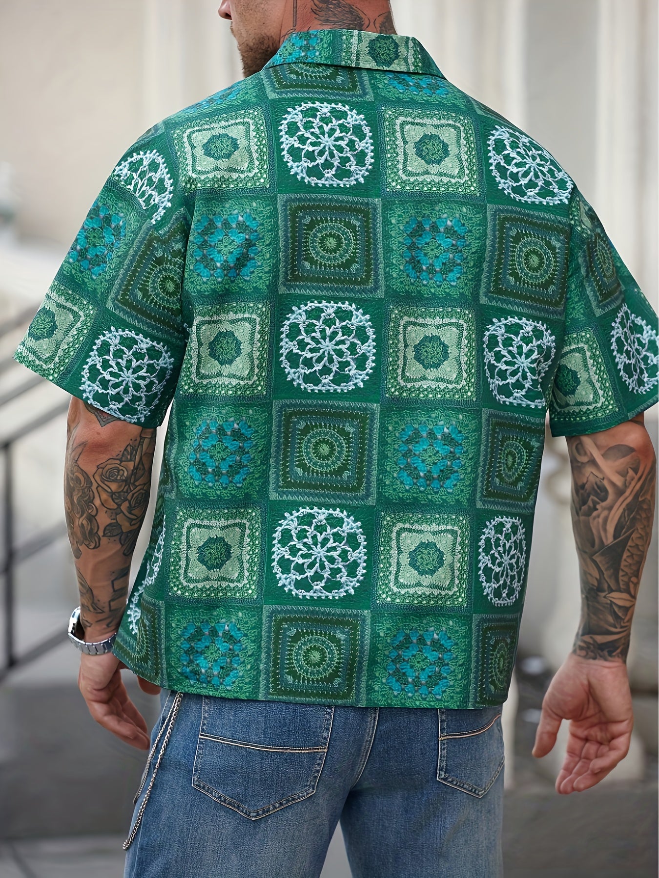 Men'S Vintage Floral Print Short Sleeve Shirt - Green & White Geometric Pattern