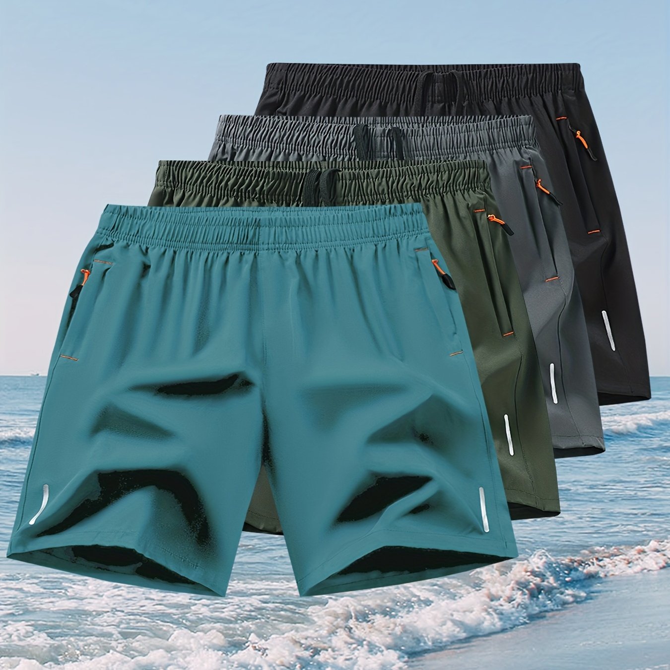 4pcs Men's Quick-Dry Swim Shorts with Zippered Pockets