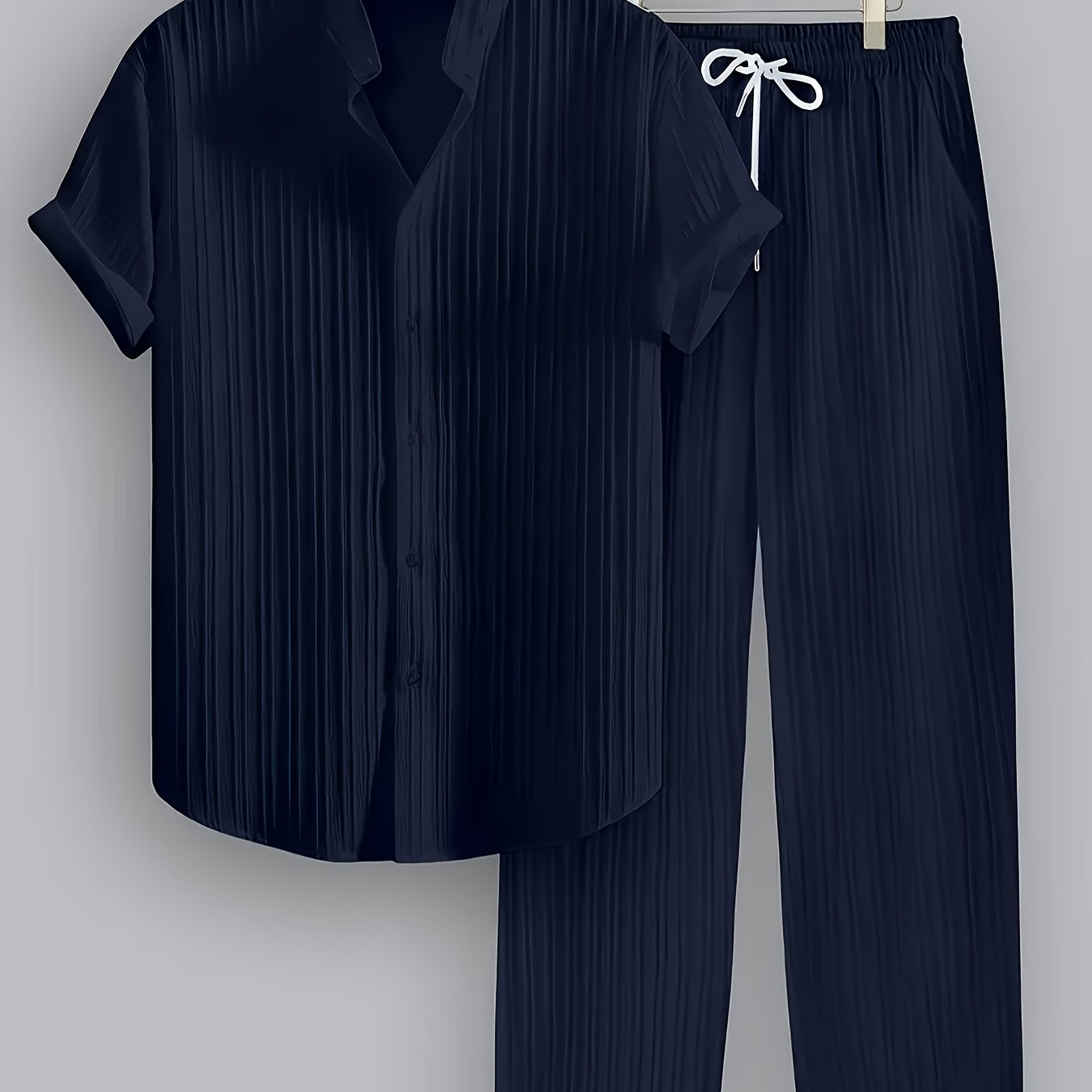 Men'S Summer Casual 2-Piece Striped Polyester Set