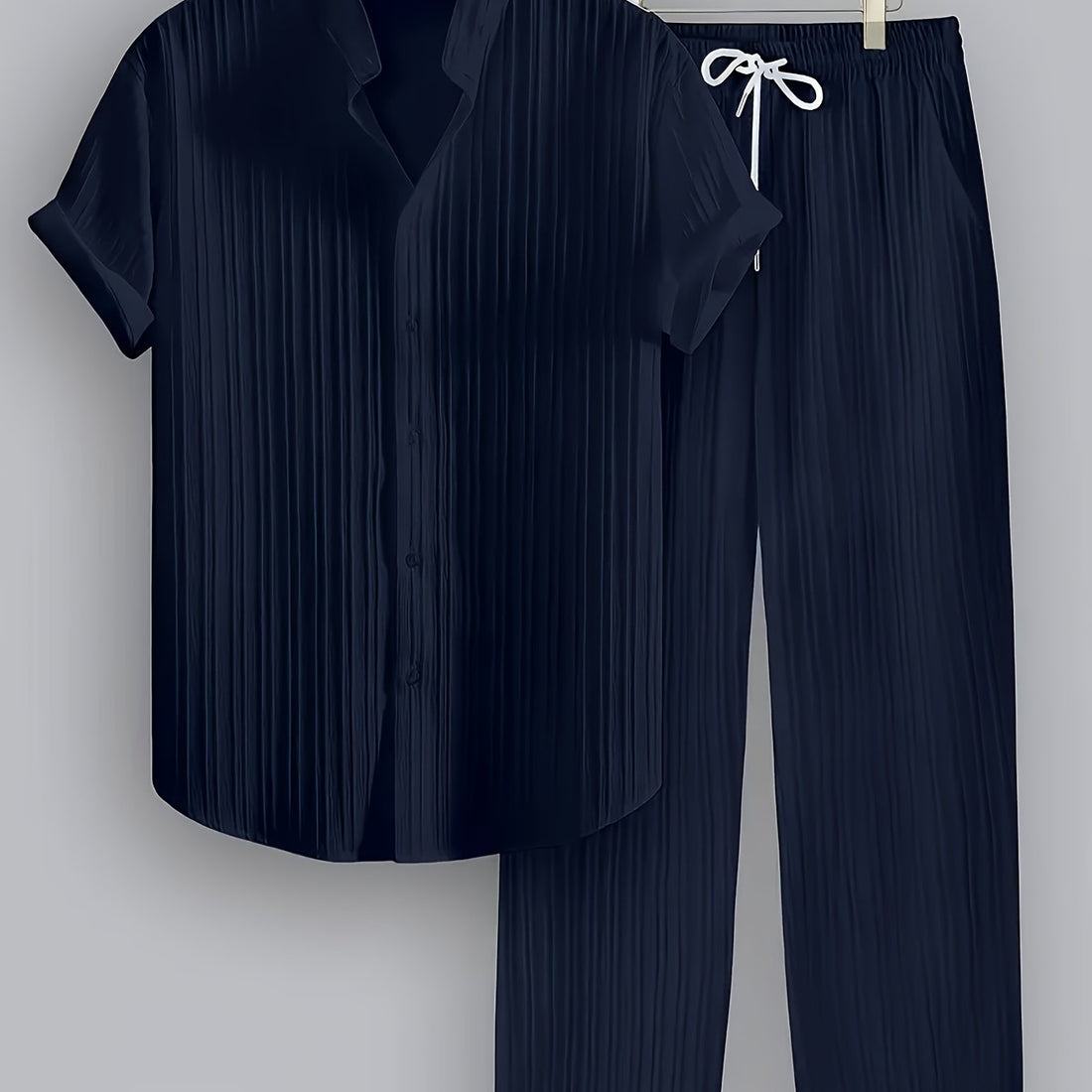 Men'S Summer Casual 2-Piece Striped Polyester Set