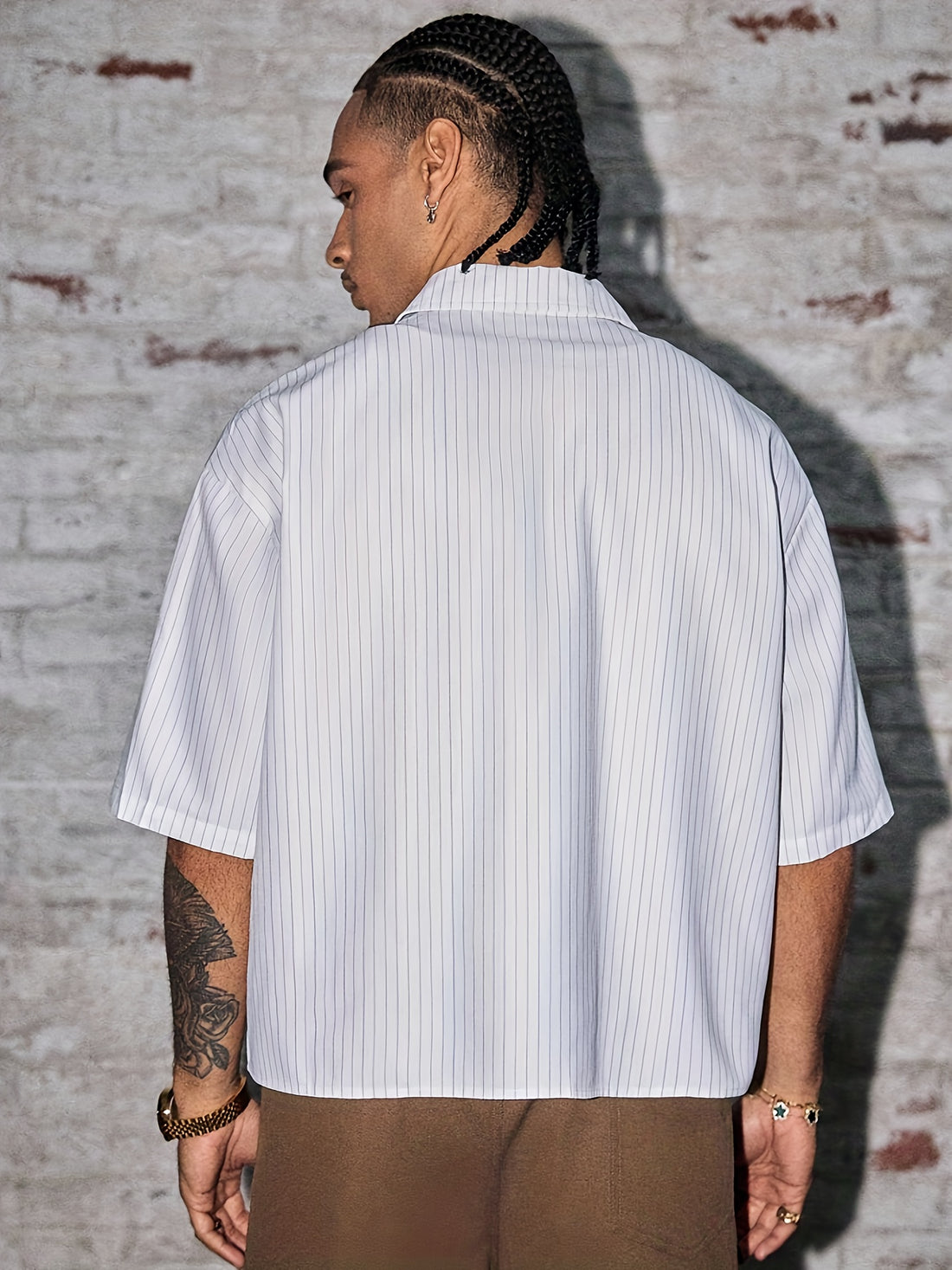 Men's Summer Casual Striped Print Shirt, Turn- Collar