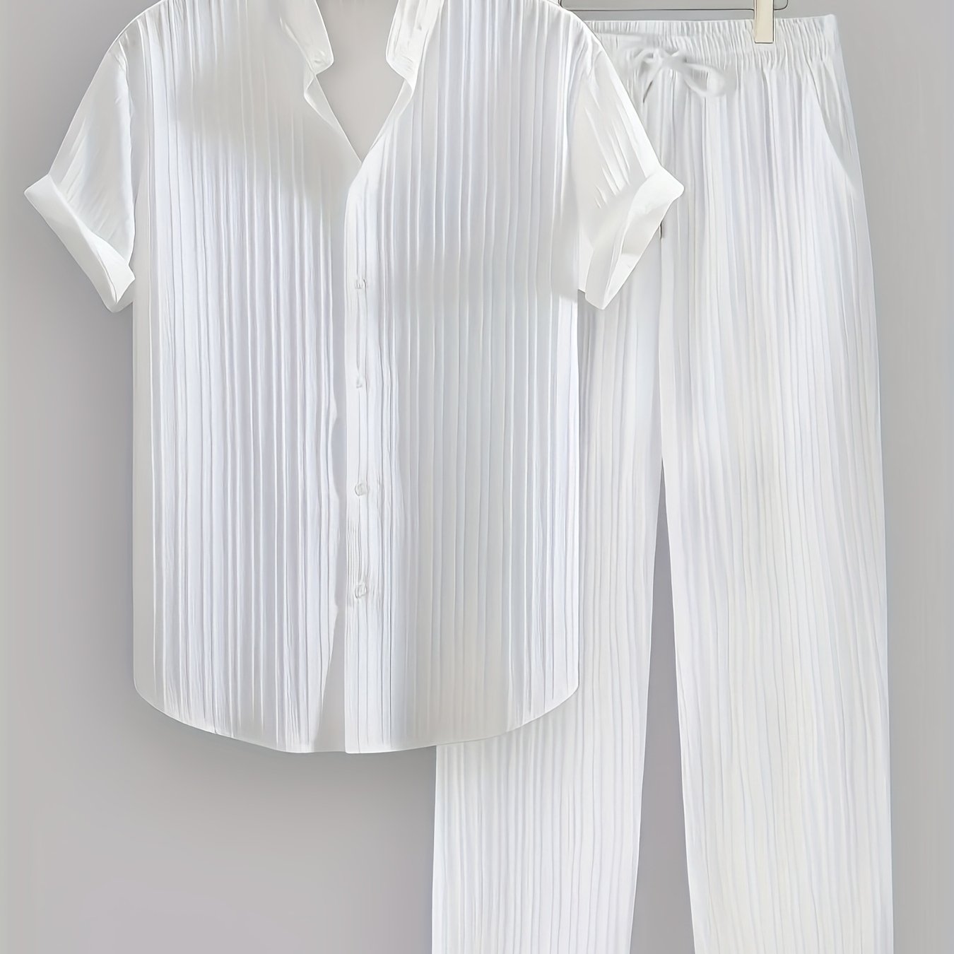 Men'S Summer Casual 2-Piece Striped Polyester Set