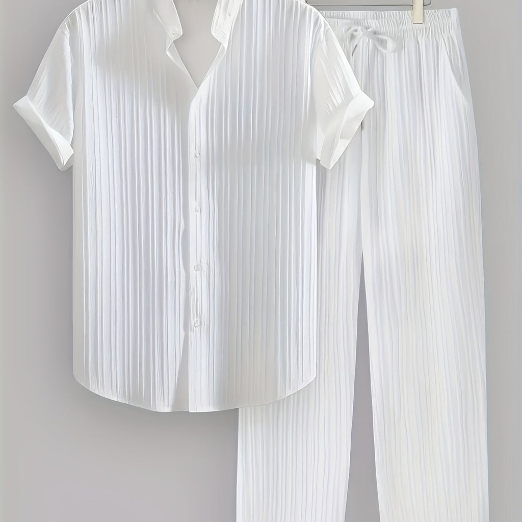 Men'S Summer Casual 2-Piece Striped Polyester Set