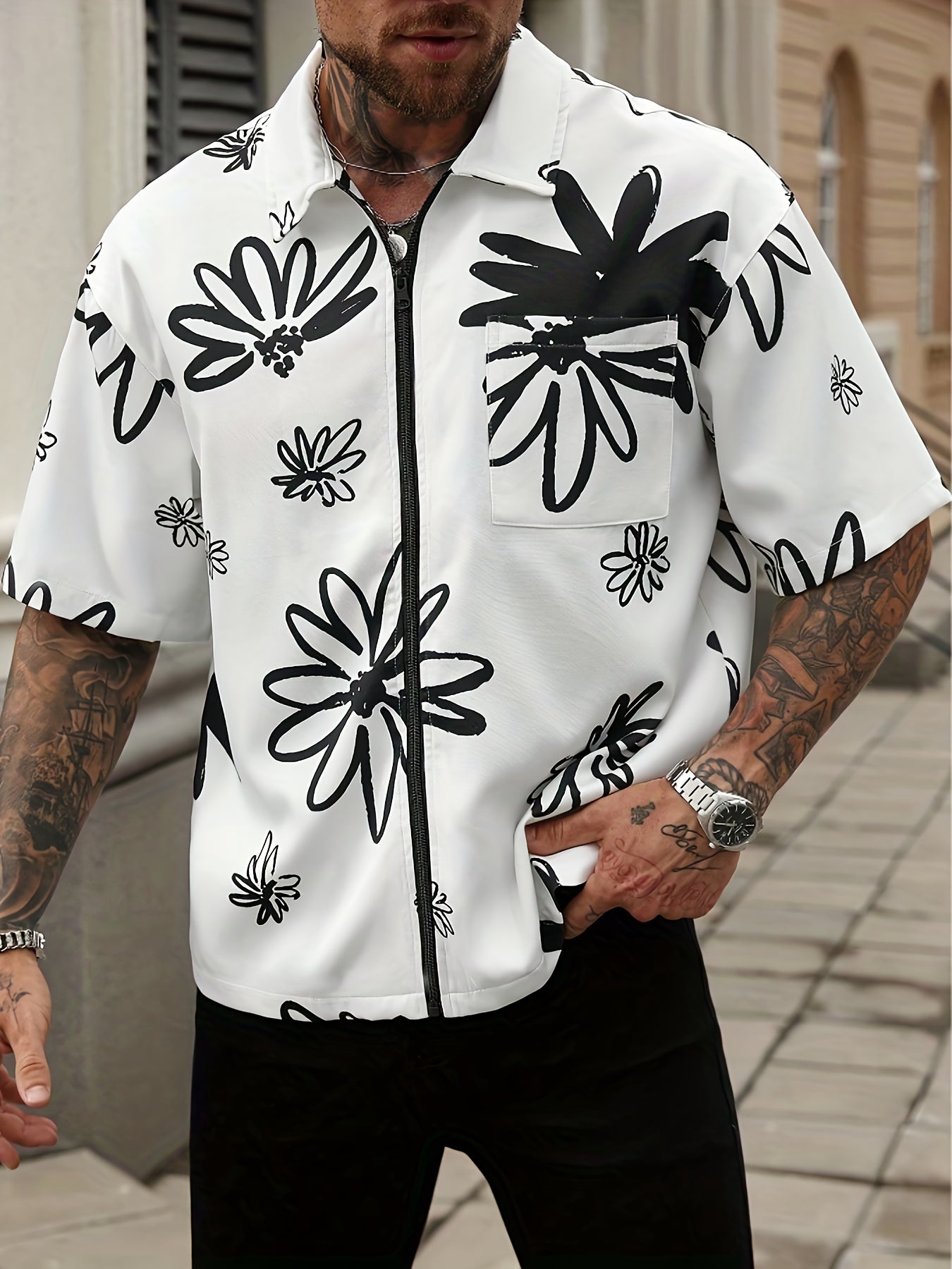 Men's Casual Shirt - Black & White Floral print button-up front