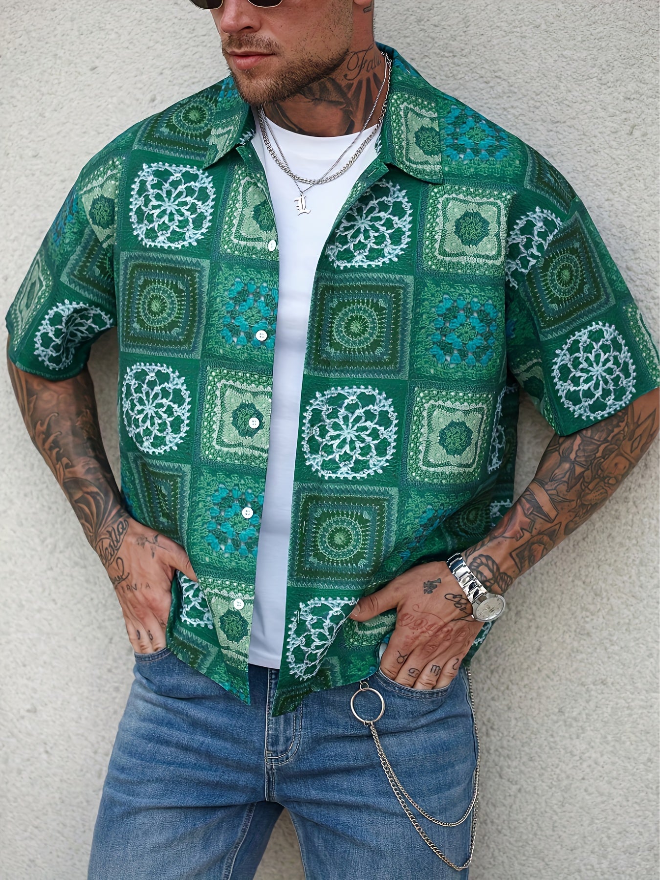 Men'S Vintage Floral Print Short Sleeve Shirt - Green & White Geometric Pattern